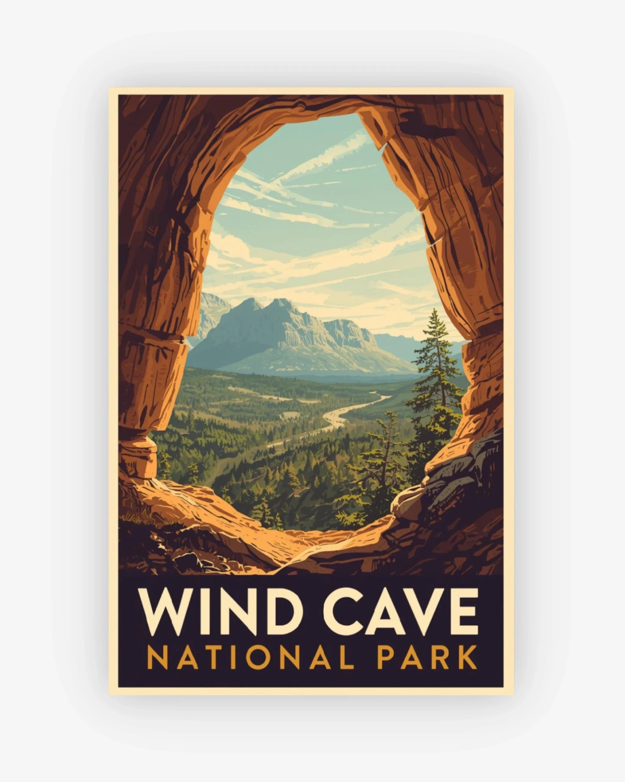 Poster of Wind Cave National Park with a scenic view through a natural arch.