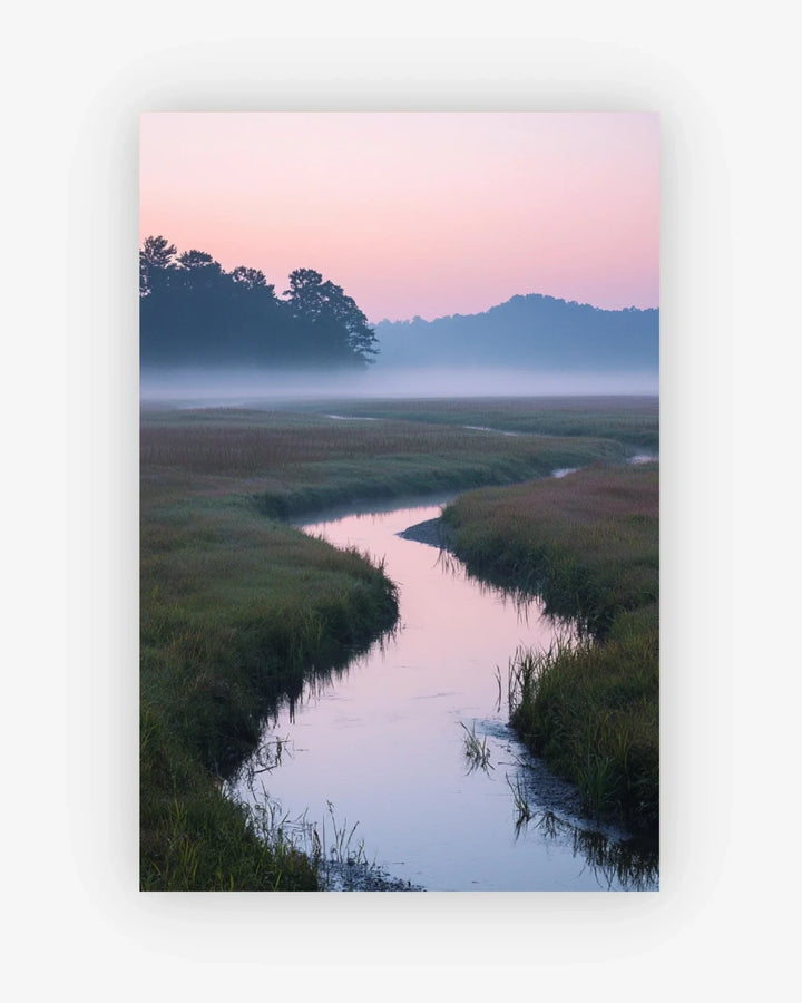 Stream meandering through a grassy field with a pink and purple sky