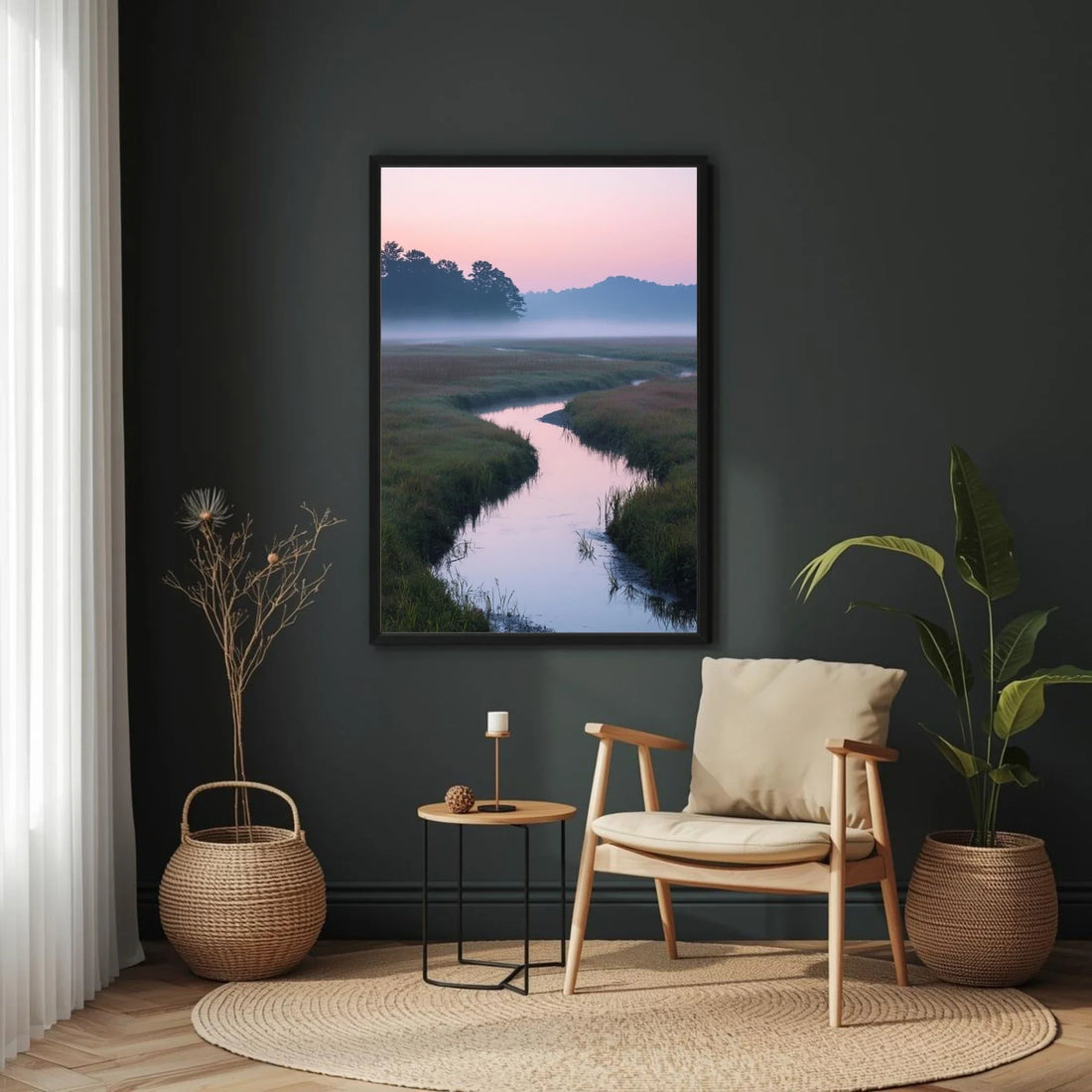 Nestled corner of a room with a framed landscape print, wooden chair, side table, and decorative plants.