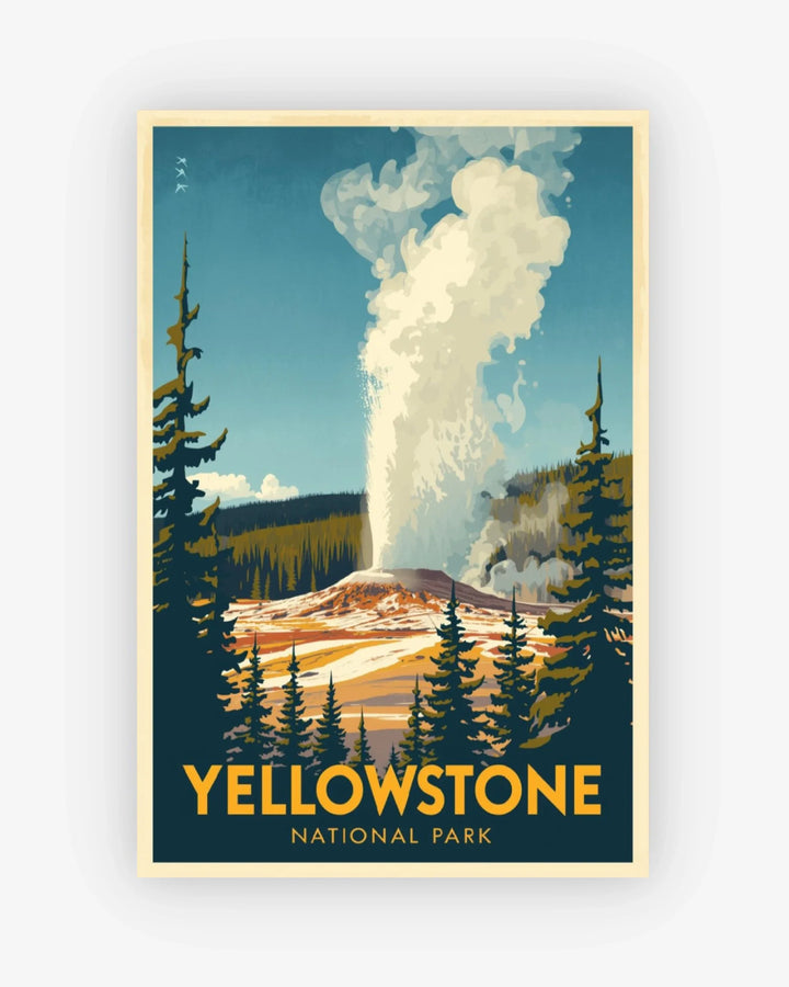 Yellowstone National Park poster with a geothermal feature and trees.