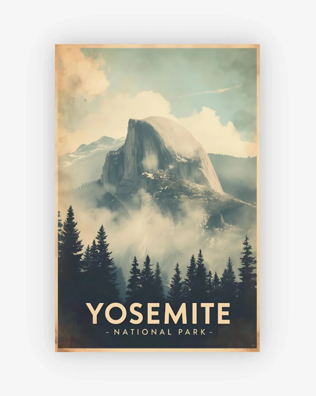 Framed poster of Yosemite National Park with mountain and trees.