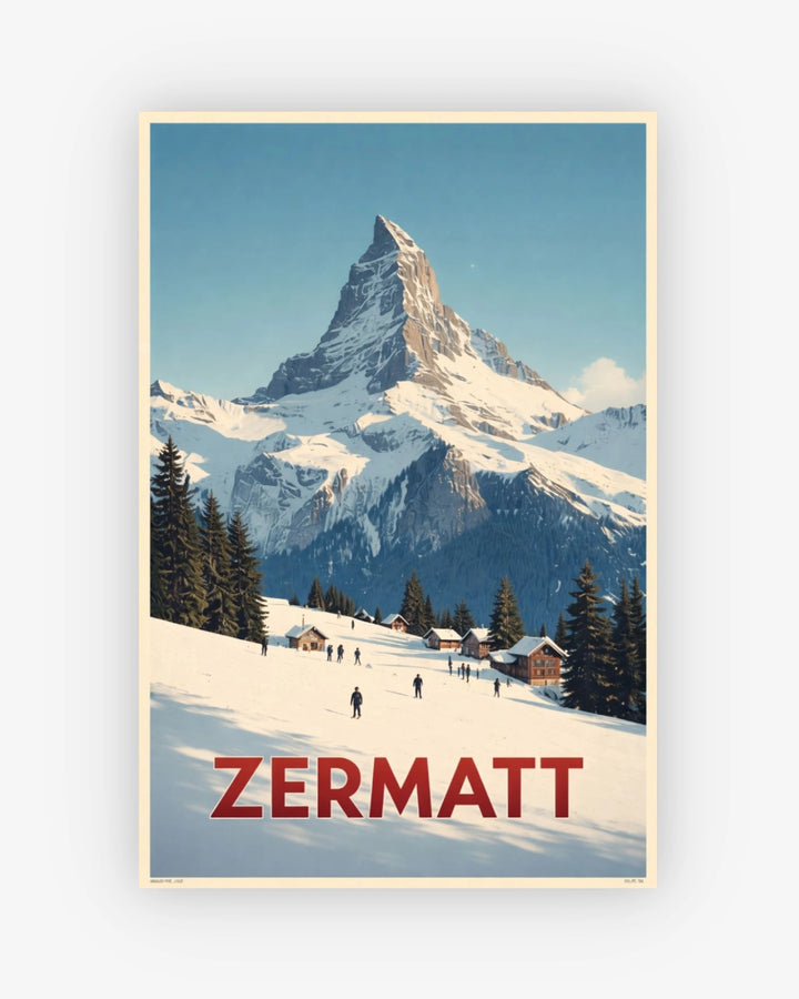 Vintage-style poster of Zermatt with a mountain and snow-covered landscape.