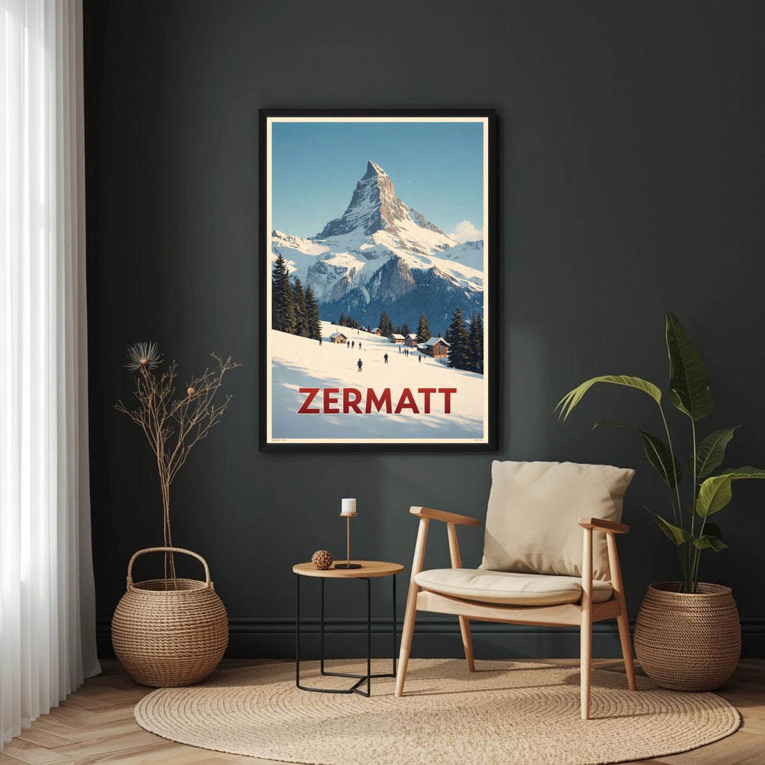 Framed poster of Zermatt with a chair and plants in a room.