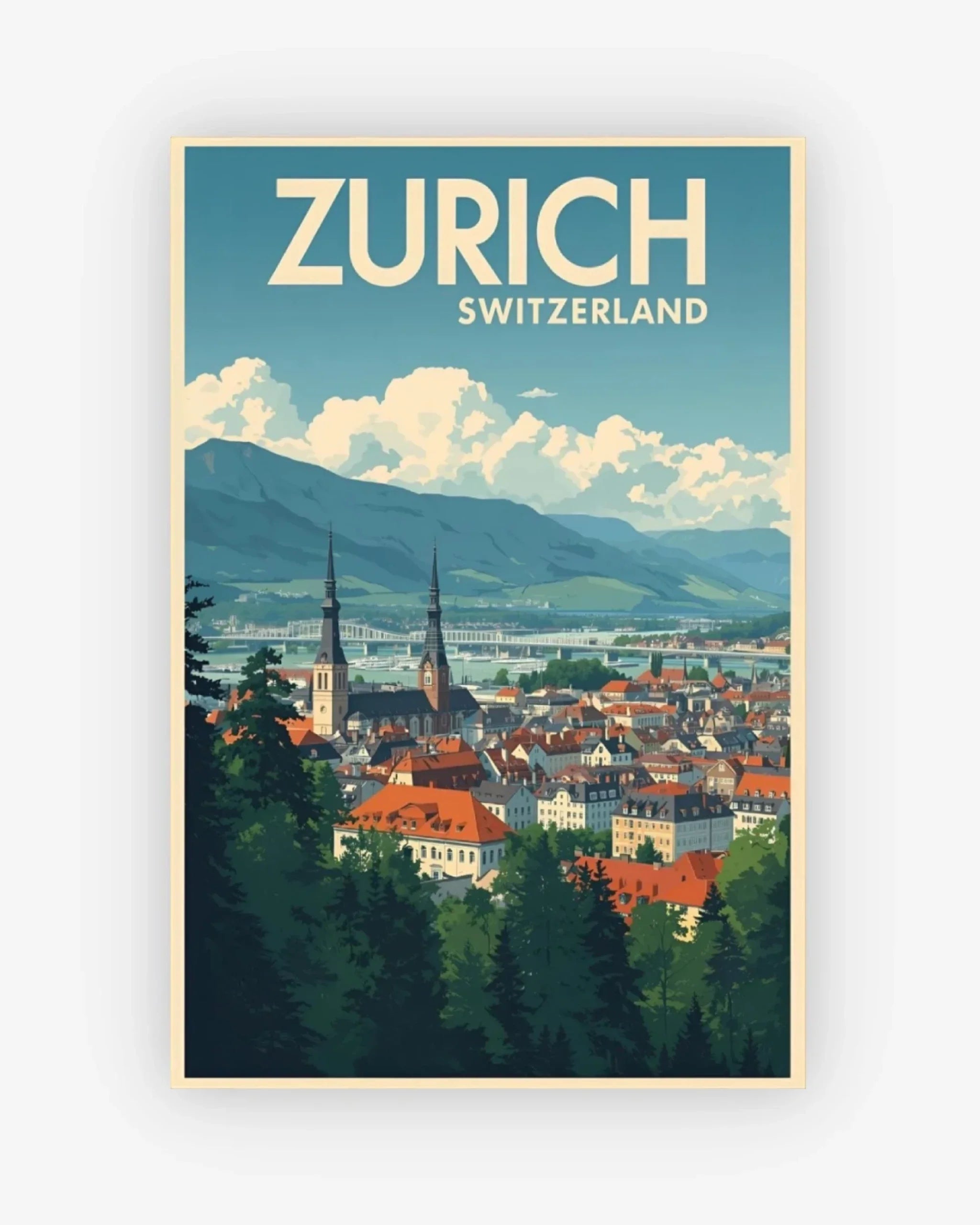 Poster of Zurich, Switzerland with a scenic view and mountain backdrop.