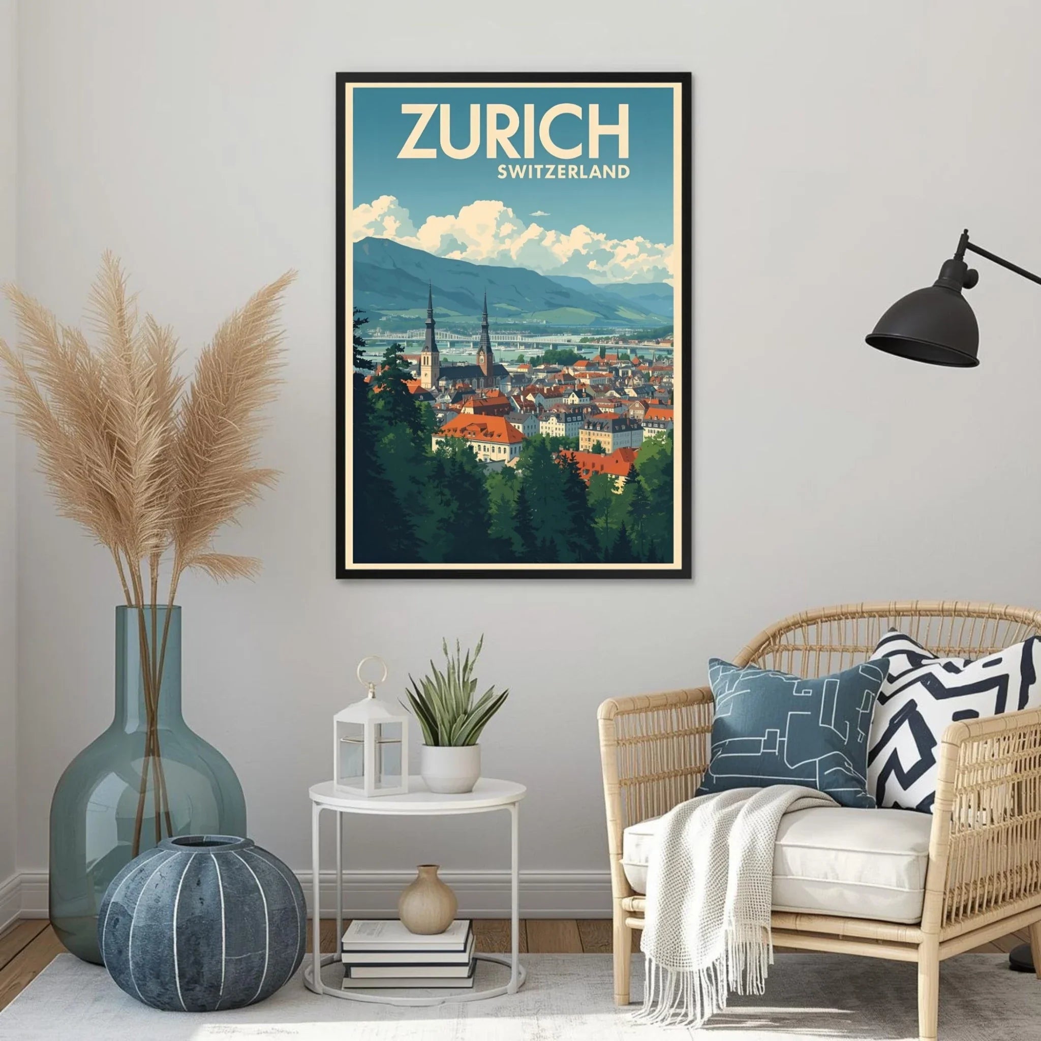Poster of Zurich, Switzerland in a living room setting with decor elements.