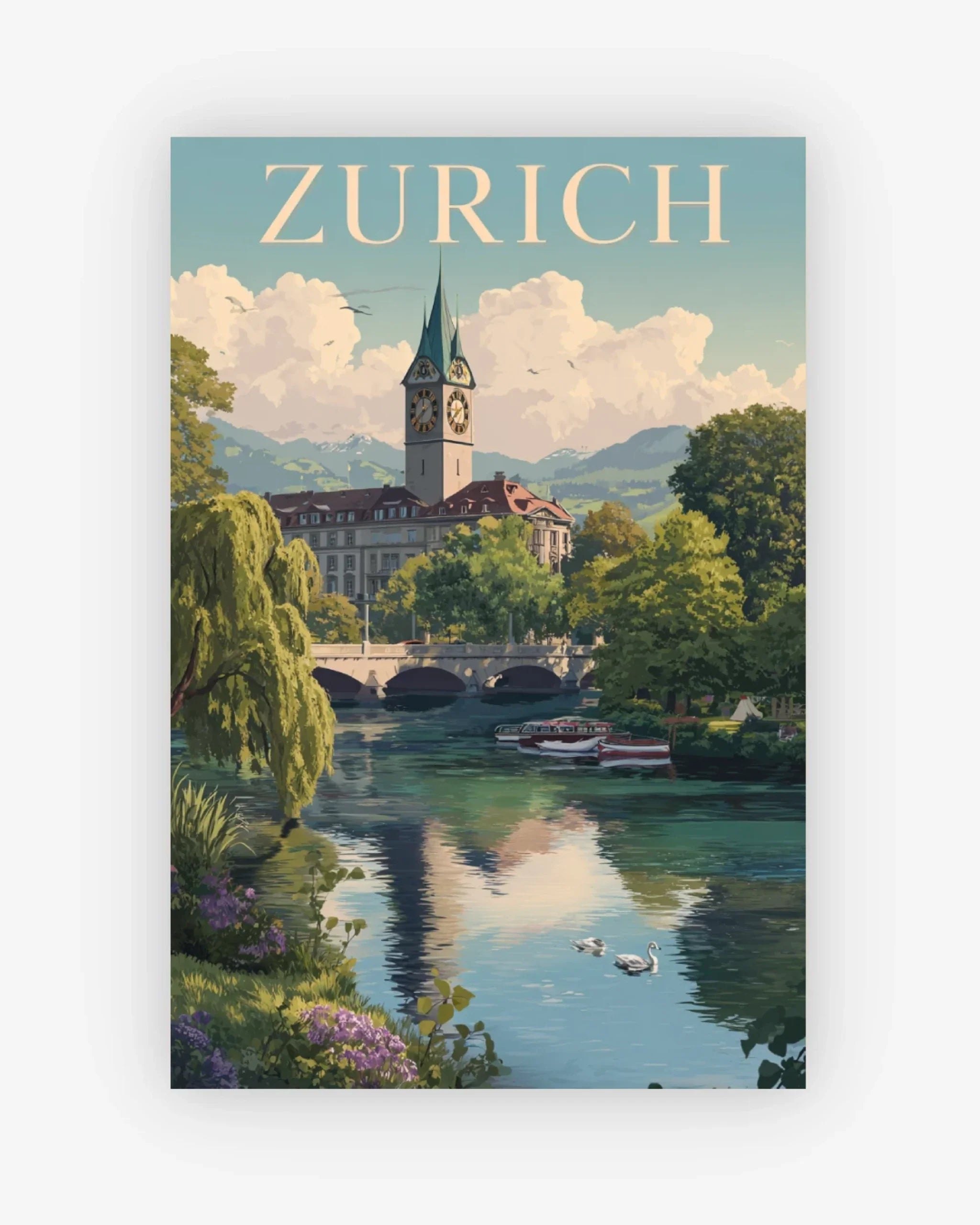 Vintage-style poster of Zurich with a clock tower and river.