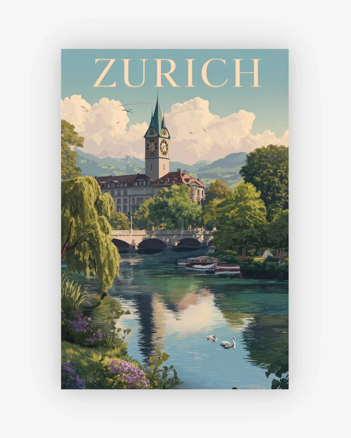 Vintage-style poster of Zurich with a clock tower and river.