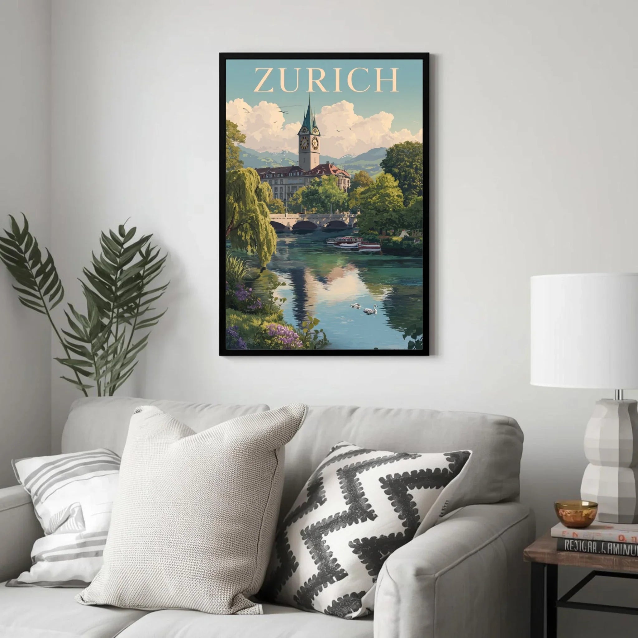 Framed artwork of Zurich with a cityscape and lake on a gray wall above a sofa.