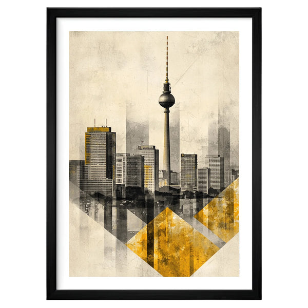 Berlin Geometry vintage skyline artwork in a black frame leaning against an off-white wall, featuring geometric architecture in soft gray and mustard tones with a modernist, paper-grain texture.
