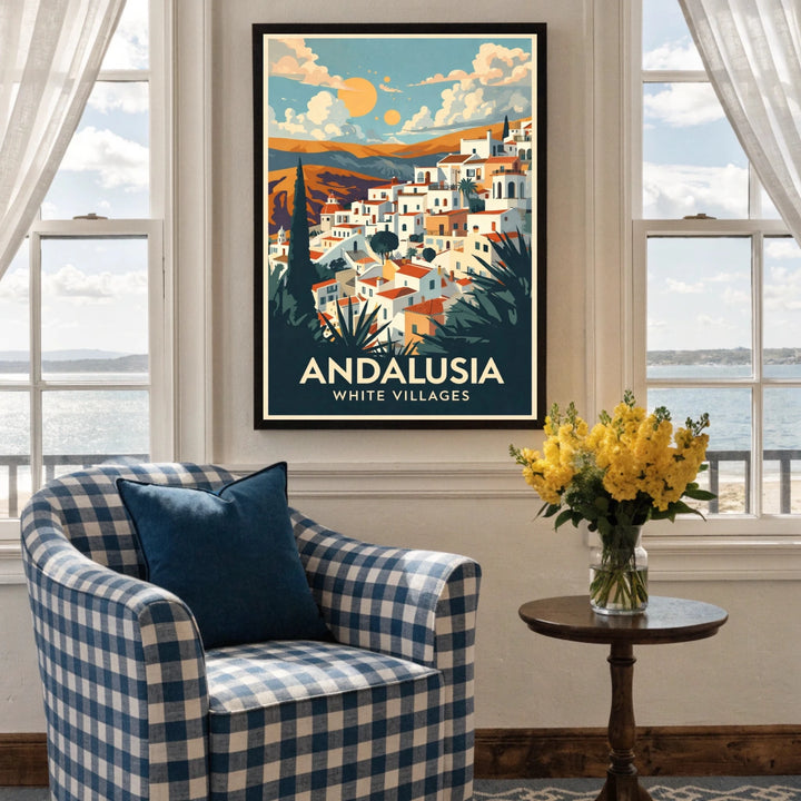Framed poster of Andalusia White Villages in a living room with a checkered armchair and table with flowers.