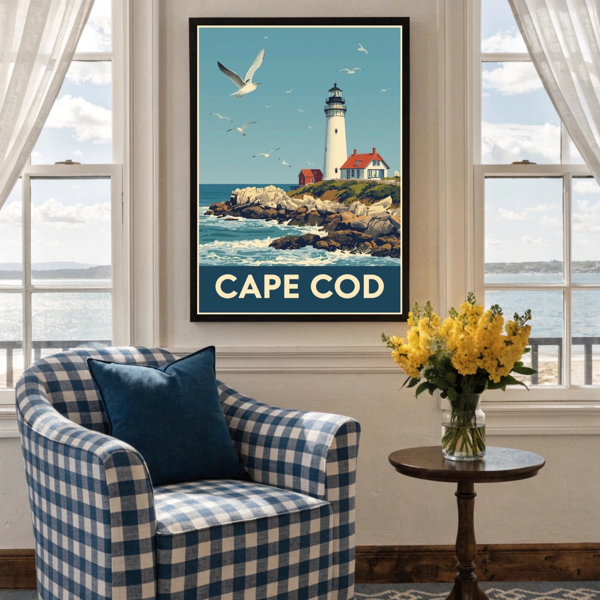 Framed artwork of a lighthouse on Cape Cod in a room with a checkered chair and window view.