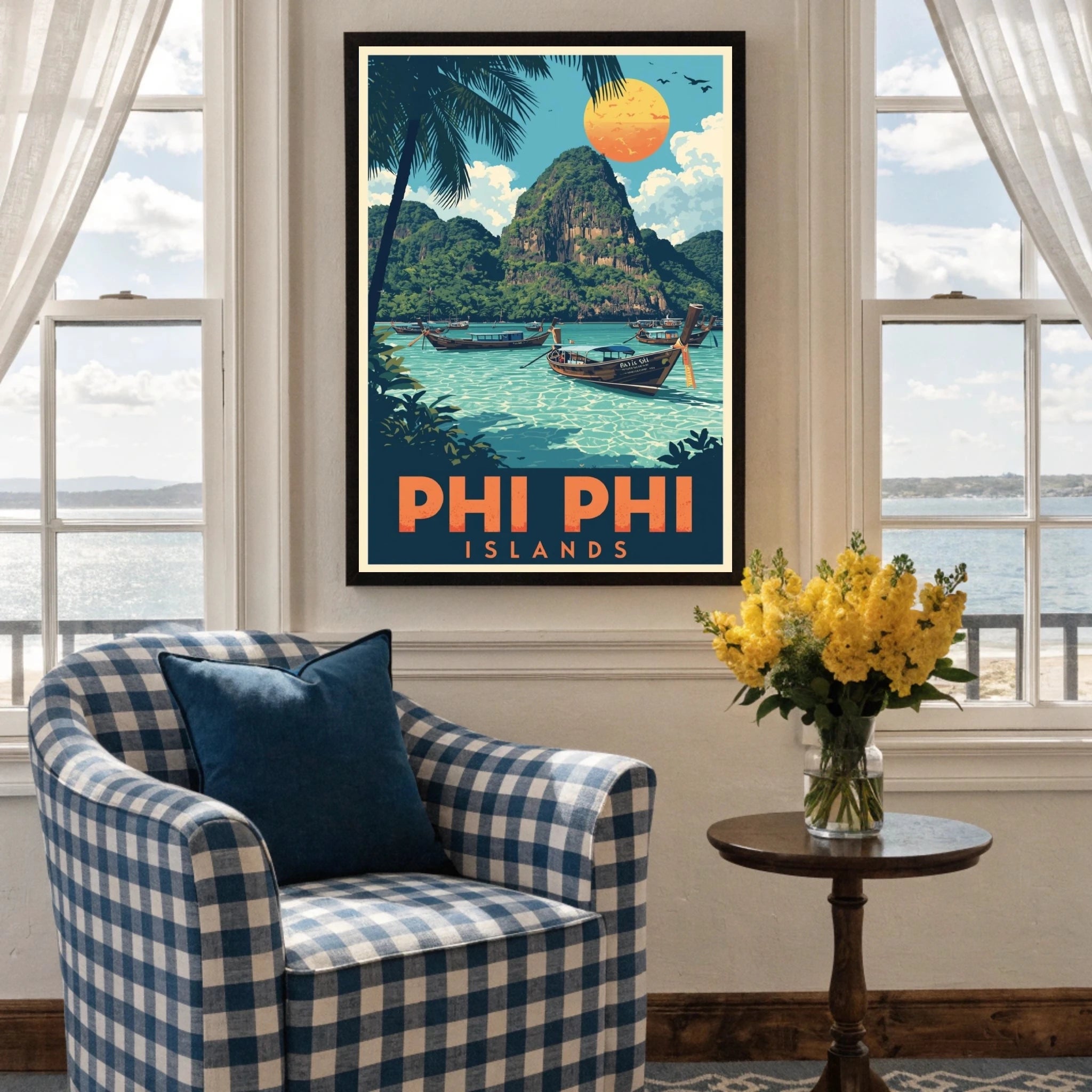 Framed poster of Phi Phi Islands in a room with a checkered armchair and table with flowers.