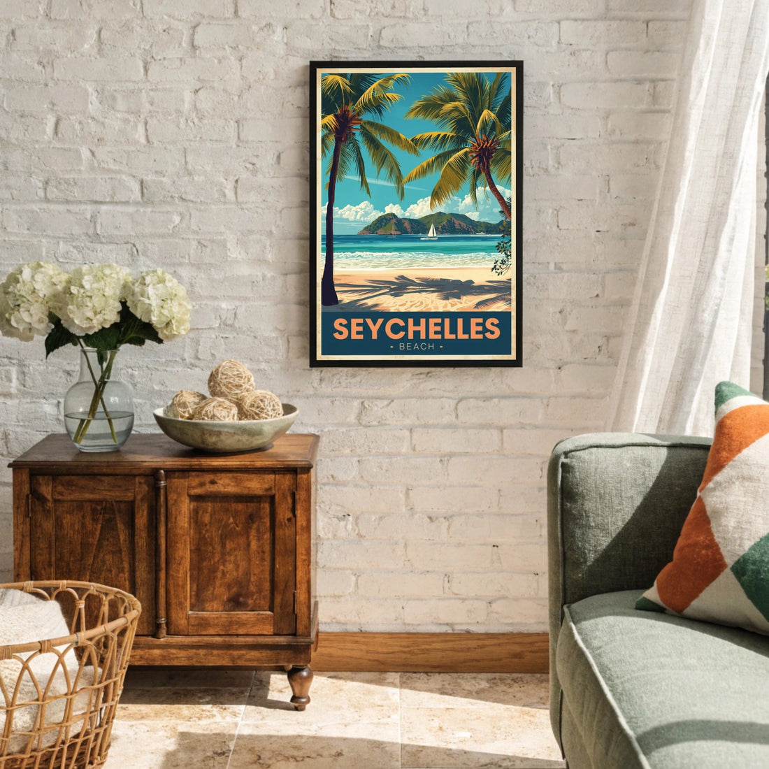 Living room with a framed poster of Seychelles on a brick wall.