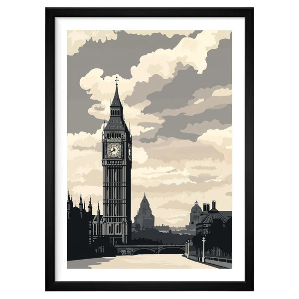 London Stillness minimalist skyline artwork in a black frame leaning against an off-white wall, featuring Big Ben rising against muted gray-beige clouds in soft mid-century tones.