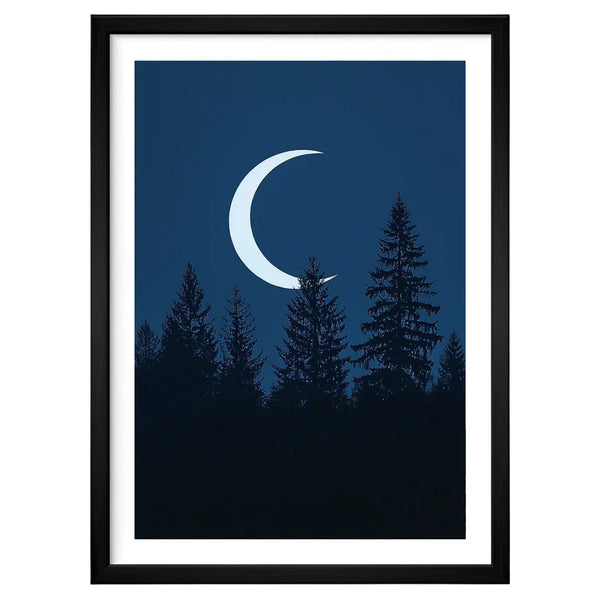 Lunar Pines nightscape artwork in a black frame leaning against an off-white wall, featuring a crescent moon rising above dark pine silhouettes in deep blue tones.