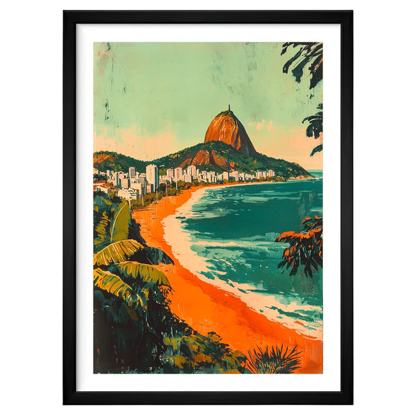 Rio de Janeiro painterly coastal artwork in a black frame leaning against an off-white wall, featuring Sugarloaf Mountain, golden sands, and vivid turquoise waters with lush palms.