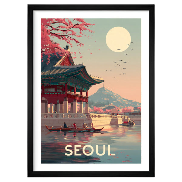 Seoul South Korea artwork in a black frame leaning against an off-white wall, featuring a traditional Korean temple reflected in still water beneath cherry blossoms and a rising sun.