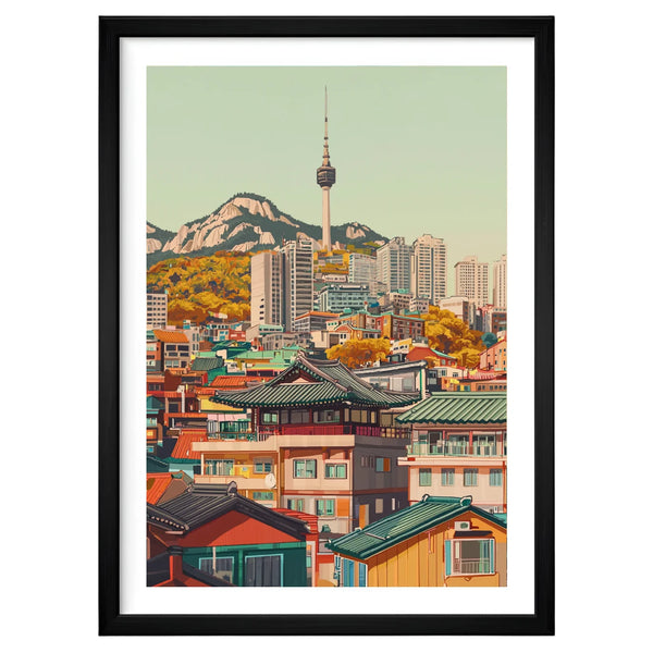 Seoul Spectrum retro artwork in a black frame leaning against an off-white wall, featuring colorful layered rooftops and Namsan Tower rising above warm 1970s tones.