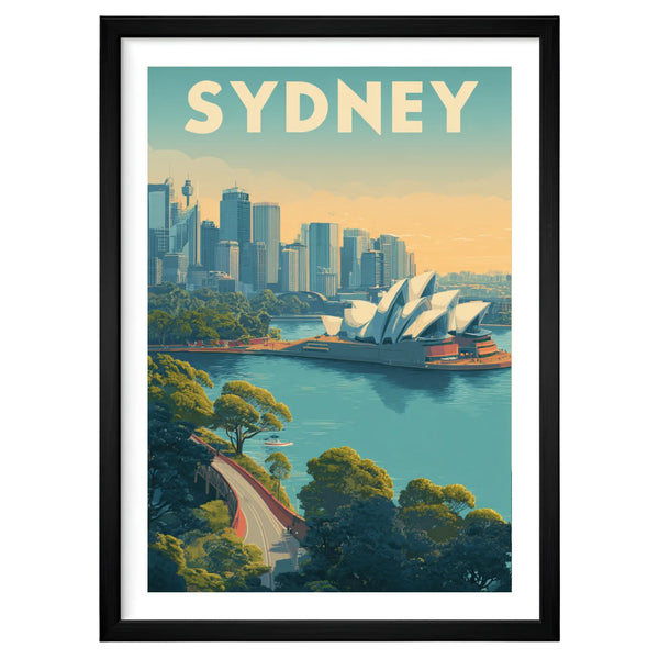 Sydney Australia artwork in a black frame leaning against an off-white wall, featuring the Opera House and skyline glowing in warm golden coastal light.