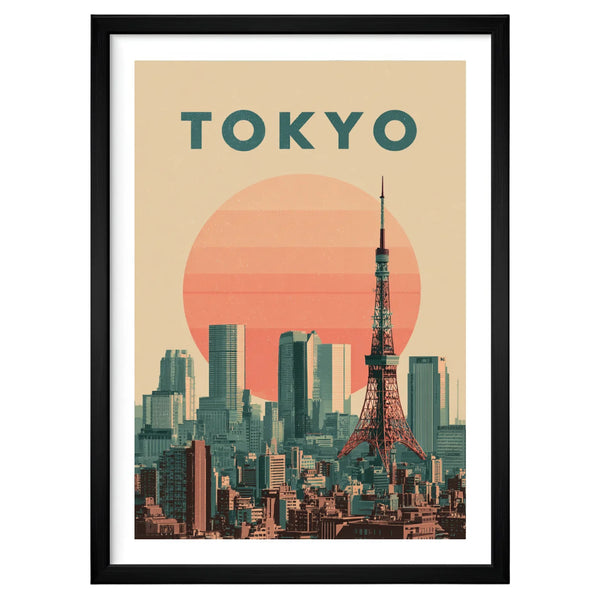 Tokyo Japan artwork in a black frame leaning against an off-white wall, featuring Tokyo Tower rising above a geometric teal skyline beneath a warm coral sun.