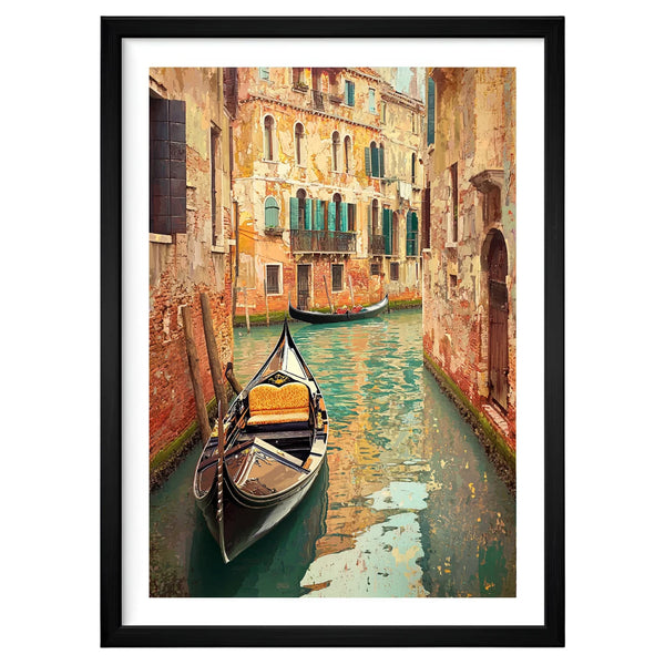 Venice Reverie Art Deco canal artwork in a black frame leaning against an off-white wall, featuring a tranquil canal with coral facades and teal water in soft nostalgic tones.
