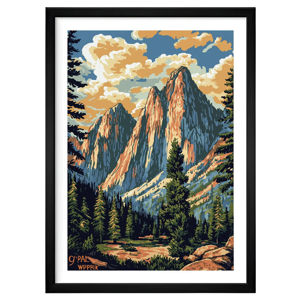 Yosemite Majesty WPA-style artwork in a black frame leaning against an off-white wall, featuring bold vintage tones of granite cliffs and pine forests beneath a dramatic sky.