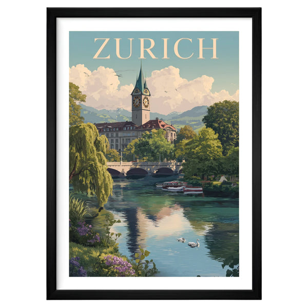 Zurich Switzerland artwork in a black frame leaning against an off-white wall, featuring alpine light reflecting on still water beneath the city’s iconic clocktower in calm green and blue tones.